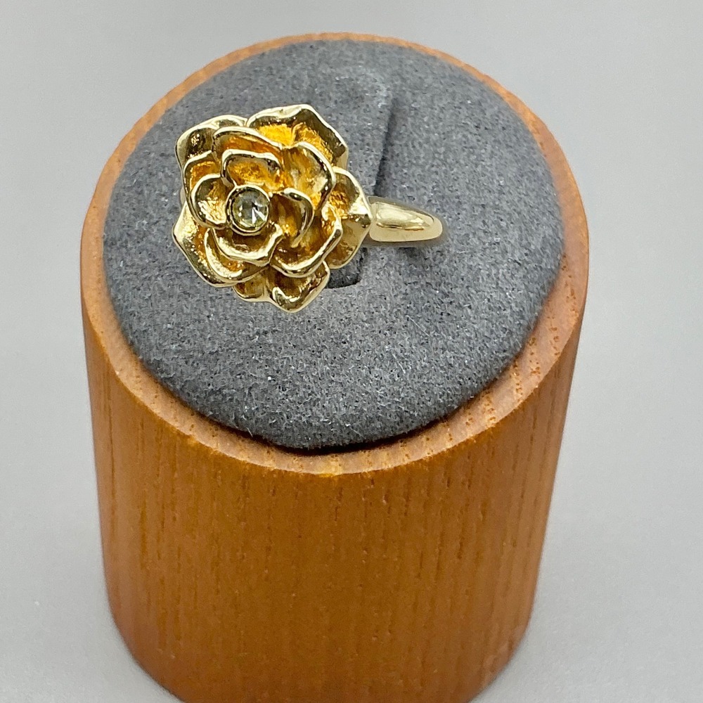 Rose Flower Ring Women Gold Tone Rhinestone Center Floral Statement Jewelry Sz 7